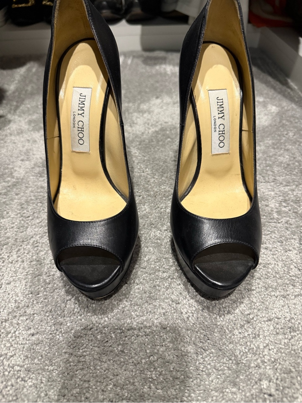 Jimmy Choo Black Leather Peep-Toe Platform Pumps